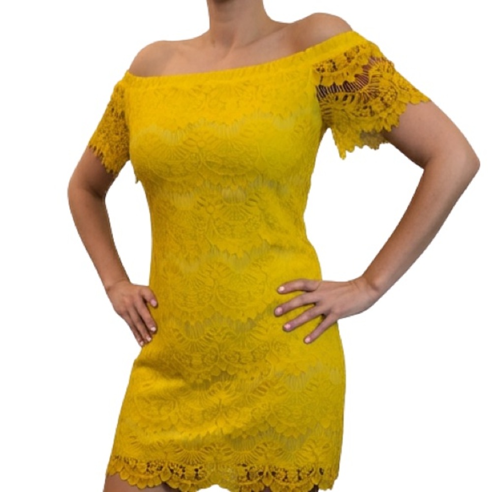 NWT Topshop Canary Yellow Lace Mini Dress – Sz 6 | Off-the-Shoulder | Fringe Hem